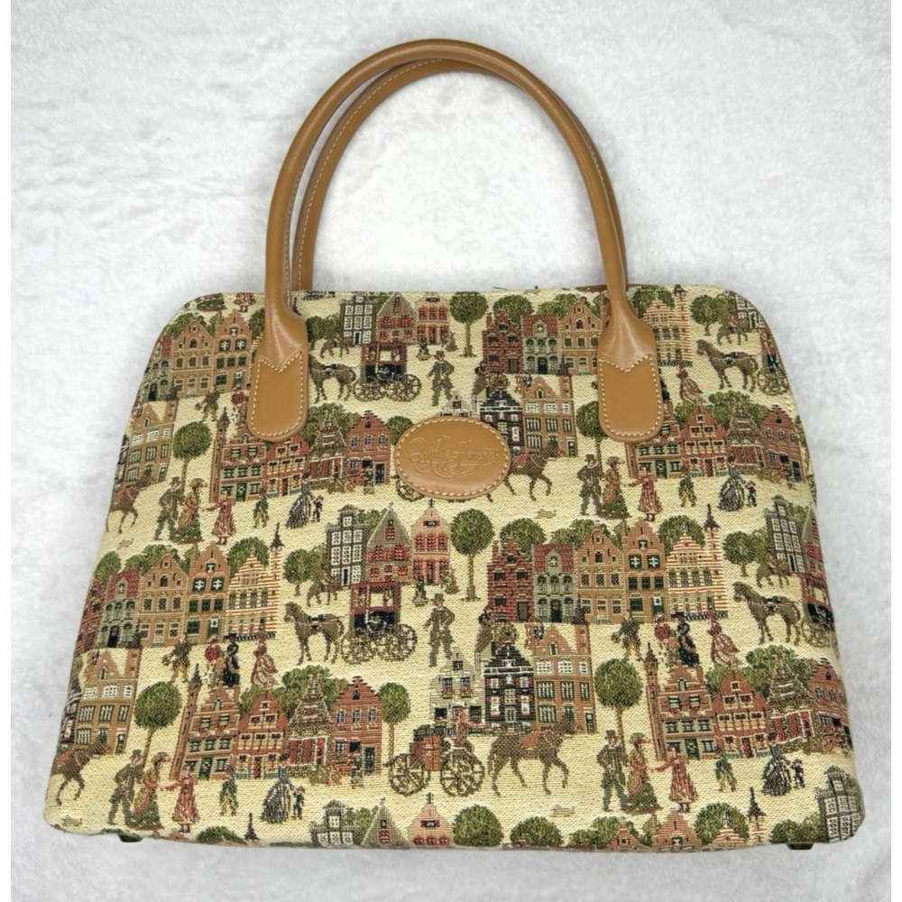 Mille Fleurs Bruges Market Tapestry Handbag Double Handle Brass Feet EUC